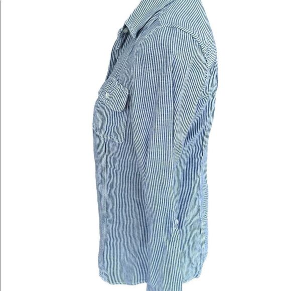 KENAR button front linen blend striped shirt with tab button sleeves, size XS - Picture 3 of 8